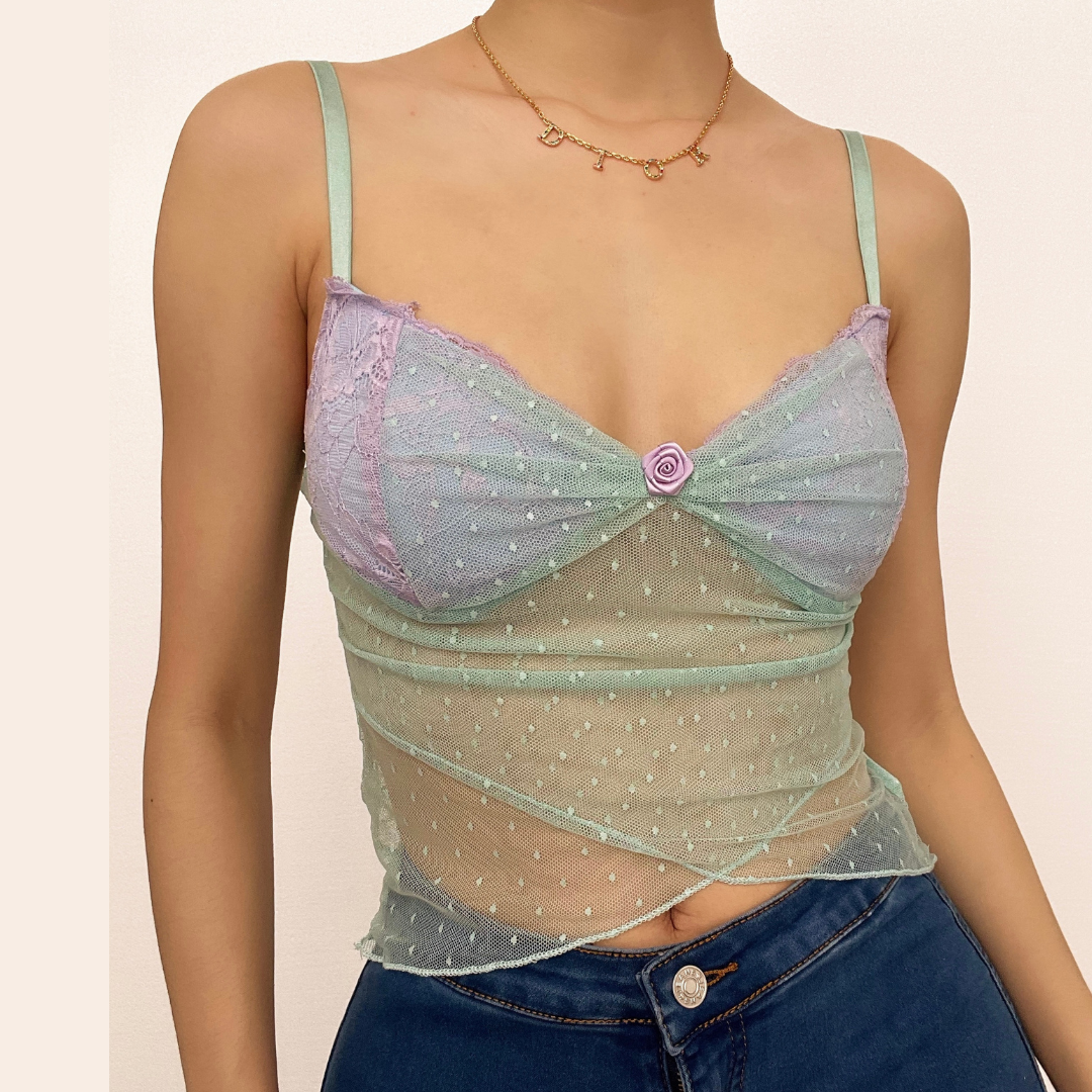 Hem lace mesh see through contrast cami top – image 2