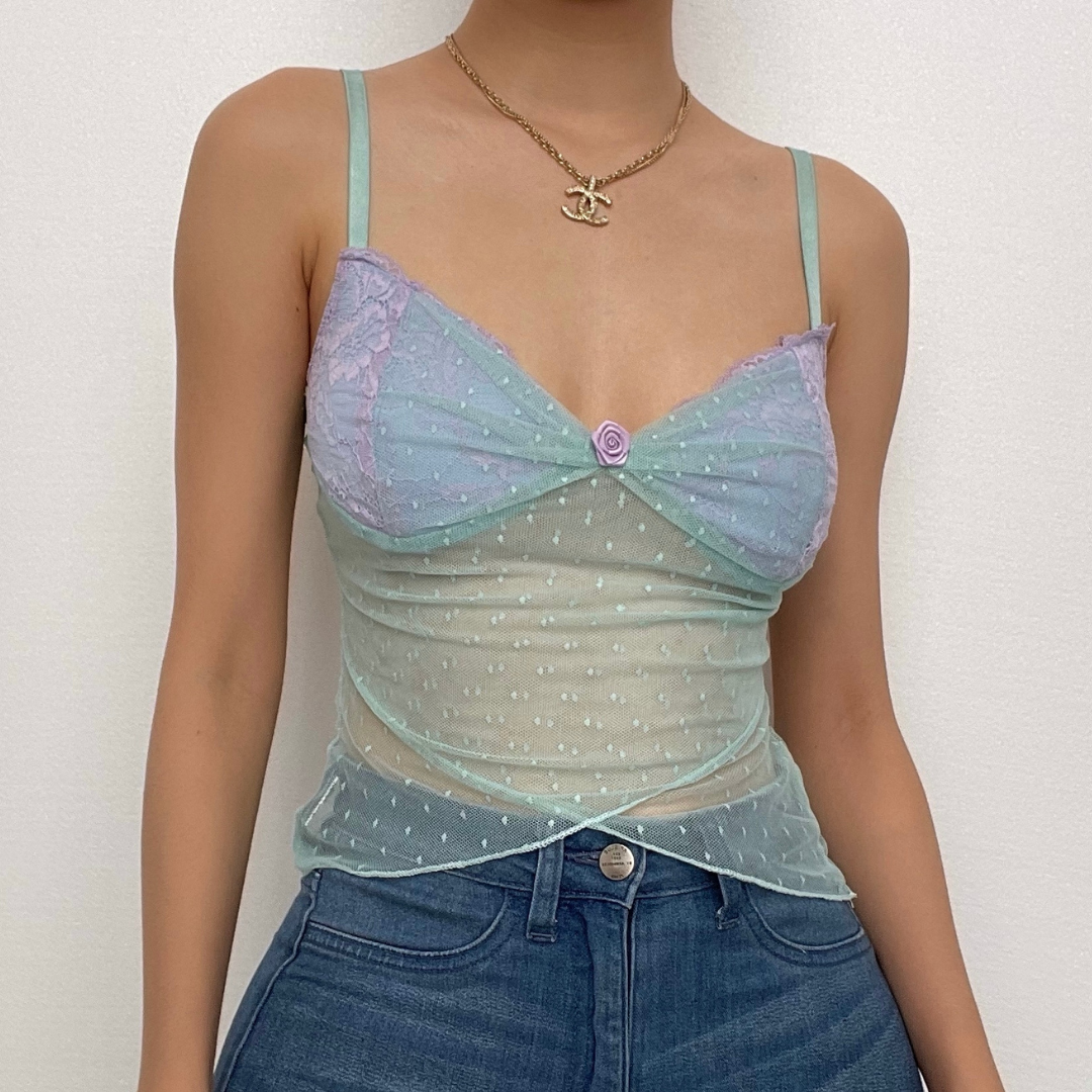Hem lace mesh see through contrast cami top – image 4