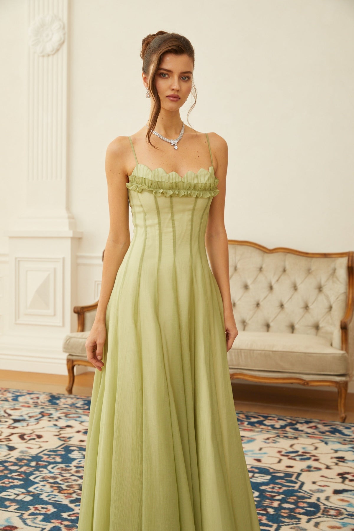 Matcha Ruffled Shirred Tulle Maxi Dress – image 4