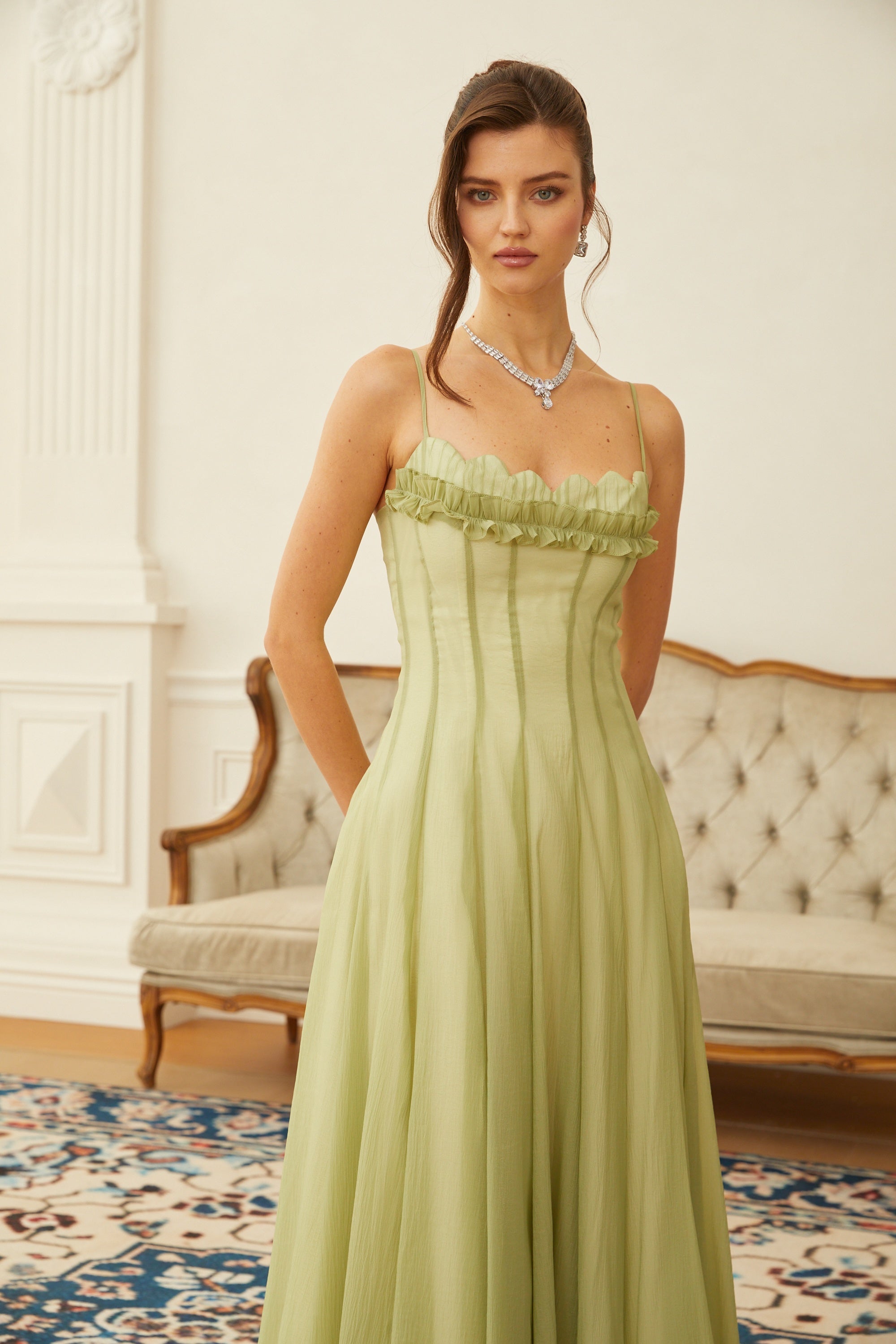 Matcha Ruffled Shirred Tulle Maxi Dress – image 5