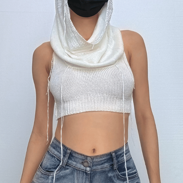 Solid sleeveless knitted stitch hoodie crop top – image 2