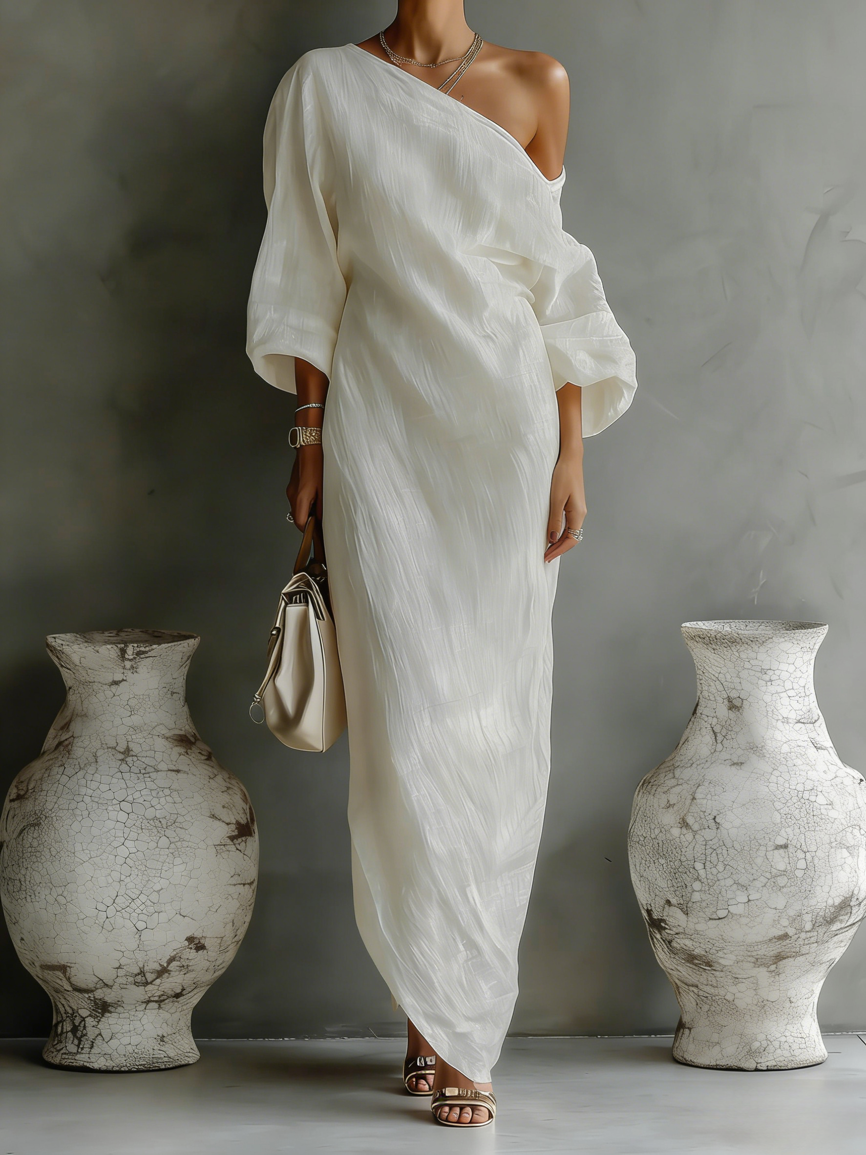 Ivory White One-Shoulder Cotton-Linen Maxi Dress – image 1