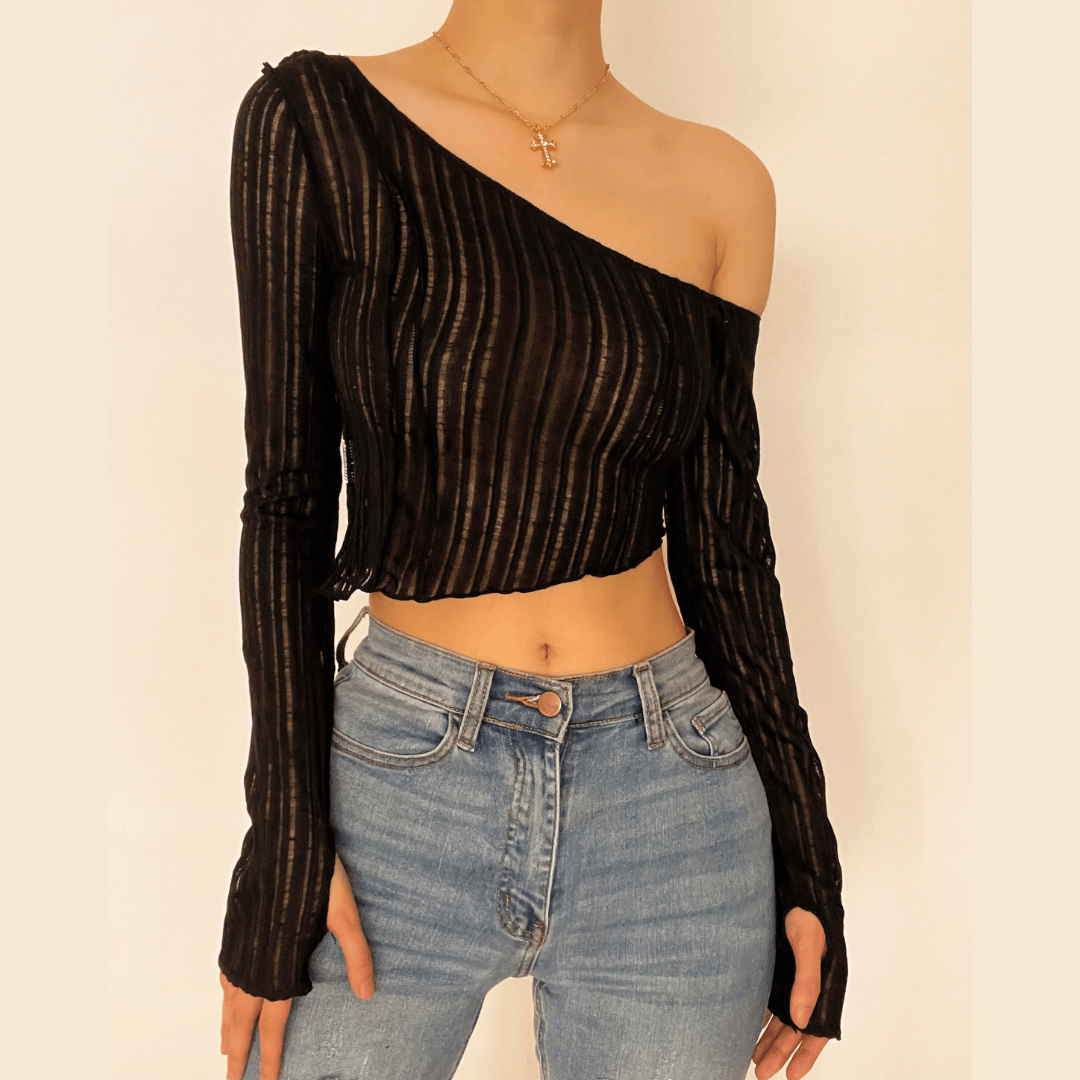 Long sleeve one off shoulder see through ruffled top – image 1