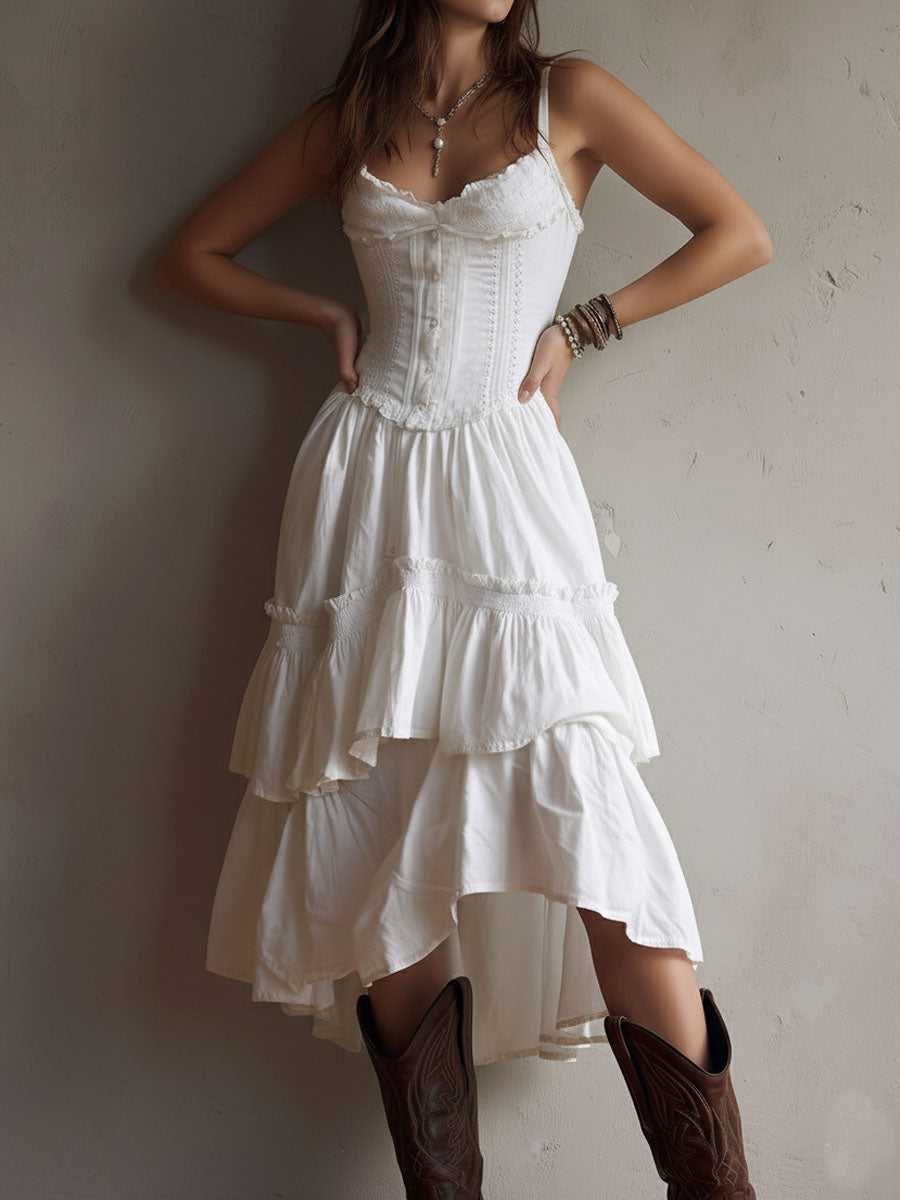 Retro Boho White Corset Tiered Midi Dress With Lace-Trim – image 7