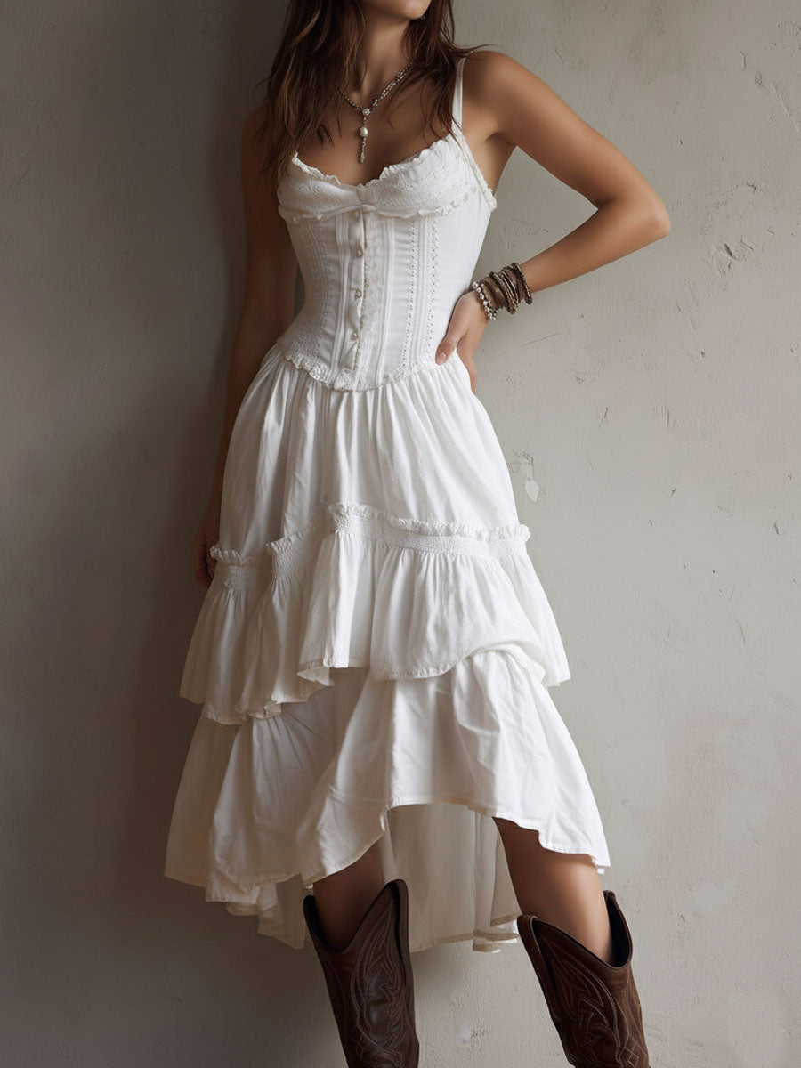 Retro Boho White Corset Tiered Midi Dress With Lace-Trim – image 8
