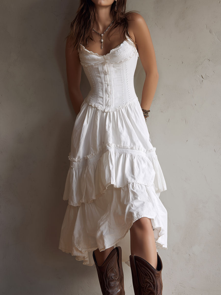 Retro Boho White Corset Tiered Midi Dress With Lace-Trim – image 1