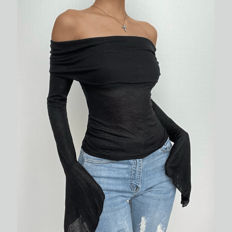 Ruched solid off shoulder long flared sleeve top – image 1