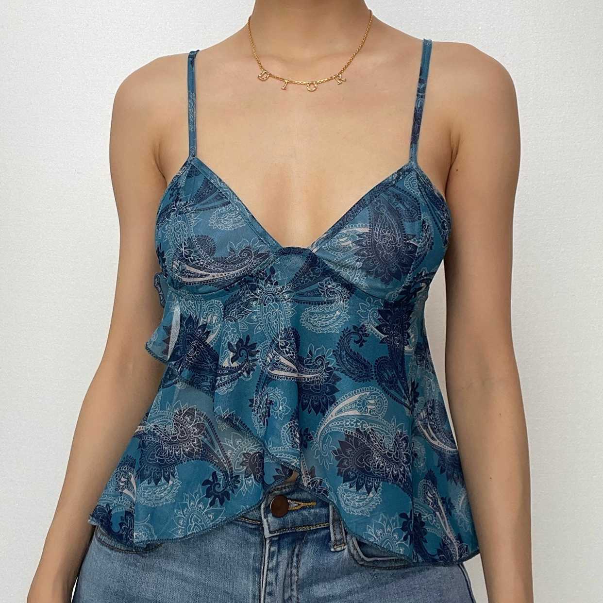 Sheer mesh see through v neck ruffle backless cami crop top – image 1