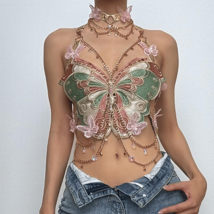 Butterfly embroidery metal chain halter top with choker – image 1