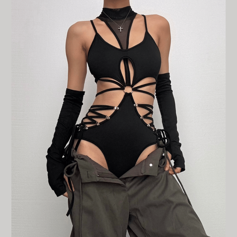 High neck o ring hollow out lace up gloves bodysuit – image 1