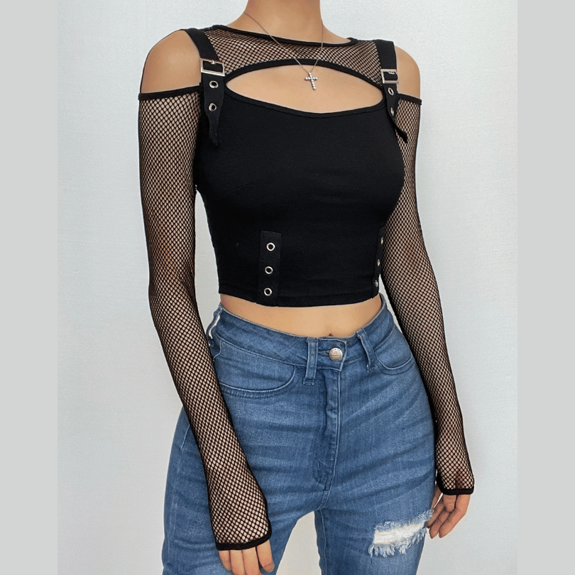 Fishnet patchwork off shoulder buckle long sleeve crop top – image 1