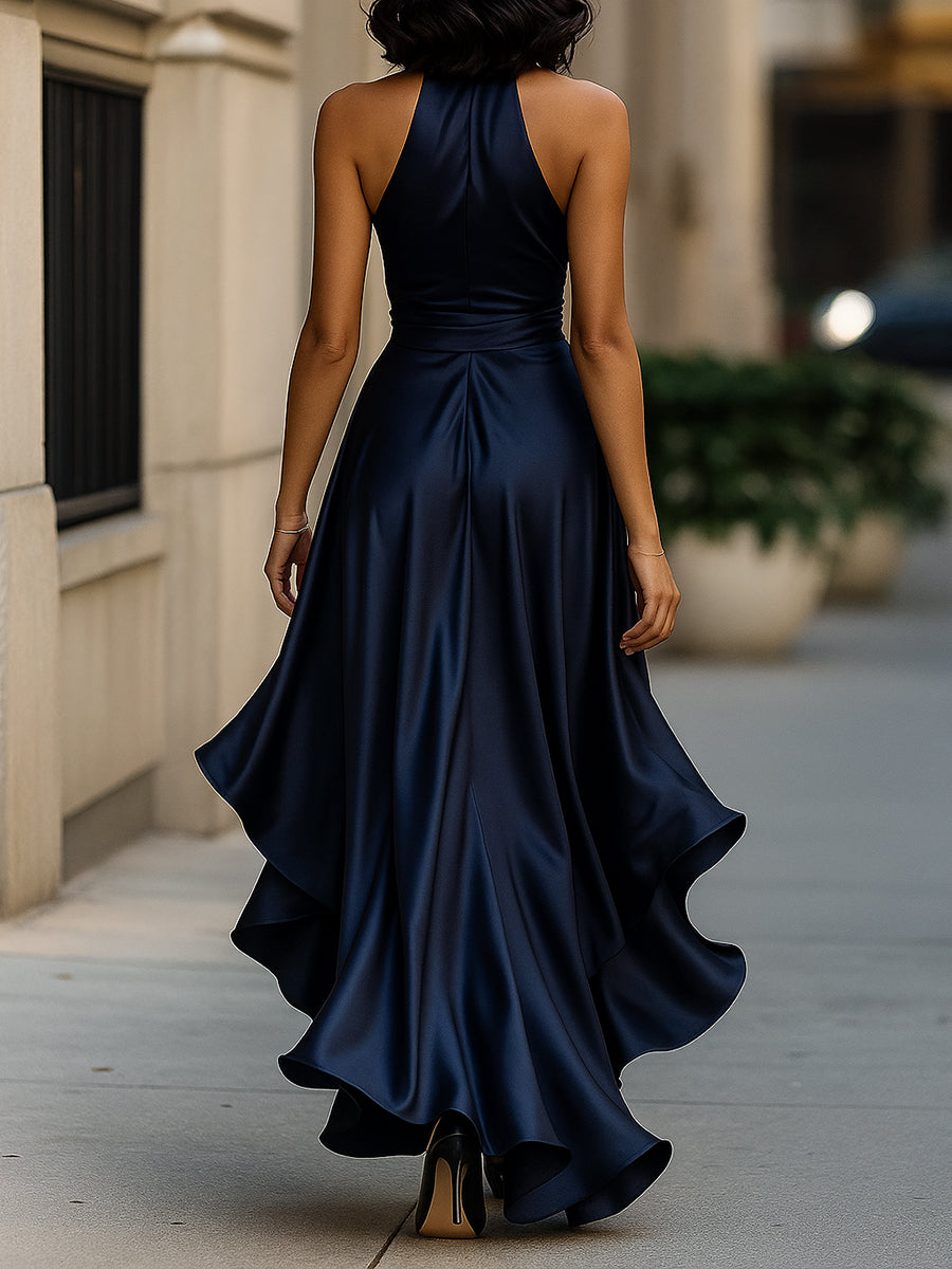 Midnight Elegance Satin Halter Ruffle Gown – image 2