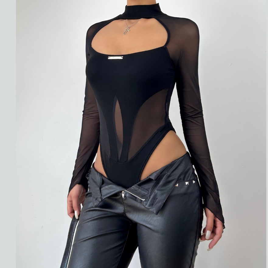 Hollow out mesh patchwork long sleeve contrast bodysuit – image 2