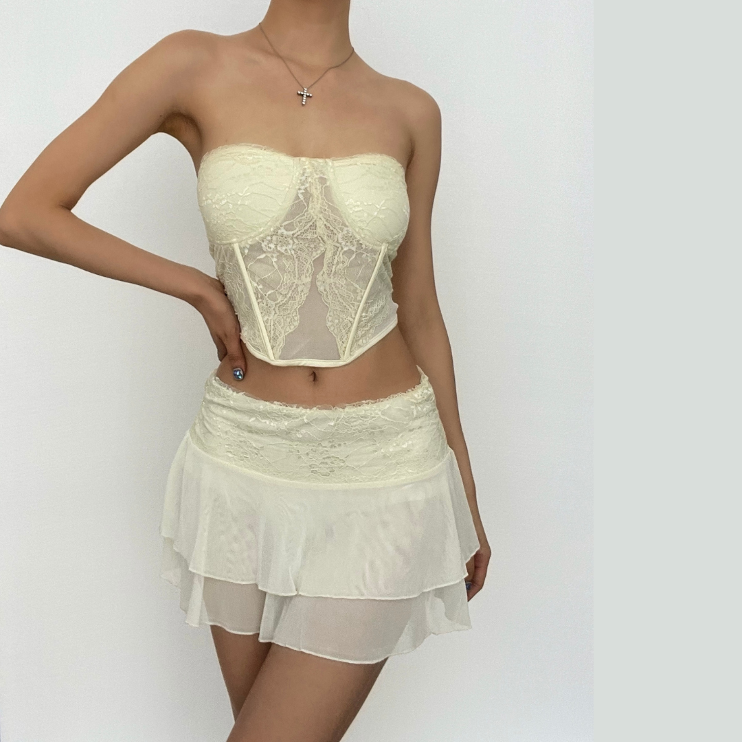 Mesh solid sleeveless backless lace hem tube top skirt set – image 4