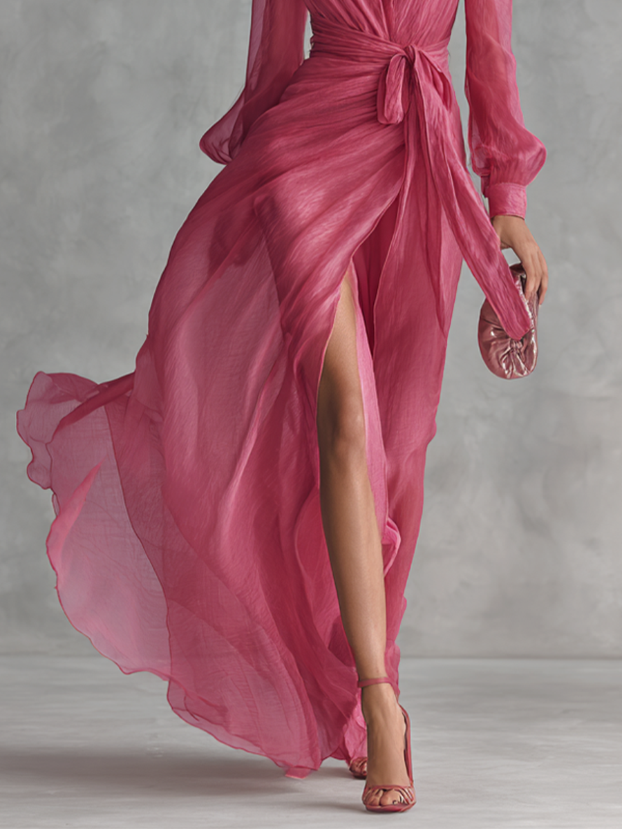 Elegant Pink Chiffon Maxi Dress with Pearls and V-Neck for Women – image 4