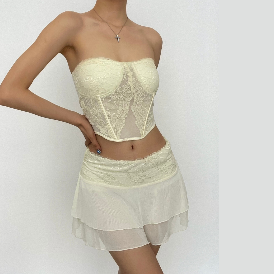 Mesh solid sleeveless backless lace hem tube top skirt set – image 2