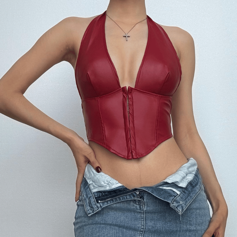Halter PU leather V neck corset button top – image 1