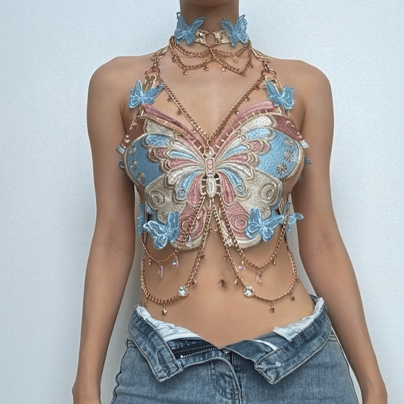 Butterfly embroidery metal chain halter top with choker – image 5