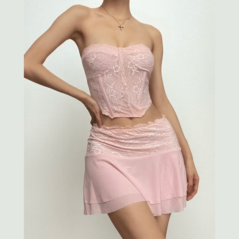 Mesh solid sleeveless backless lace hem tube top skirt set – image 3