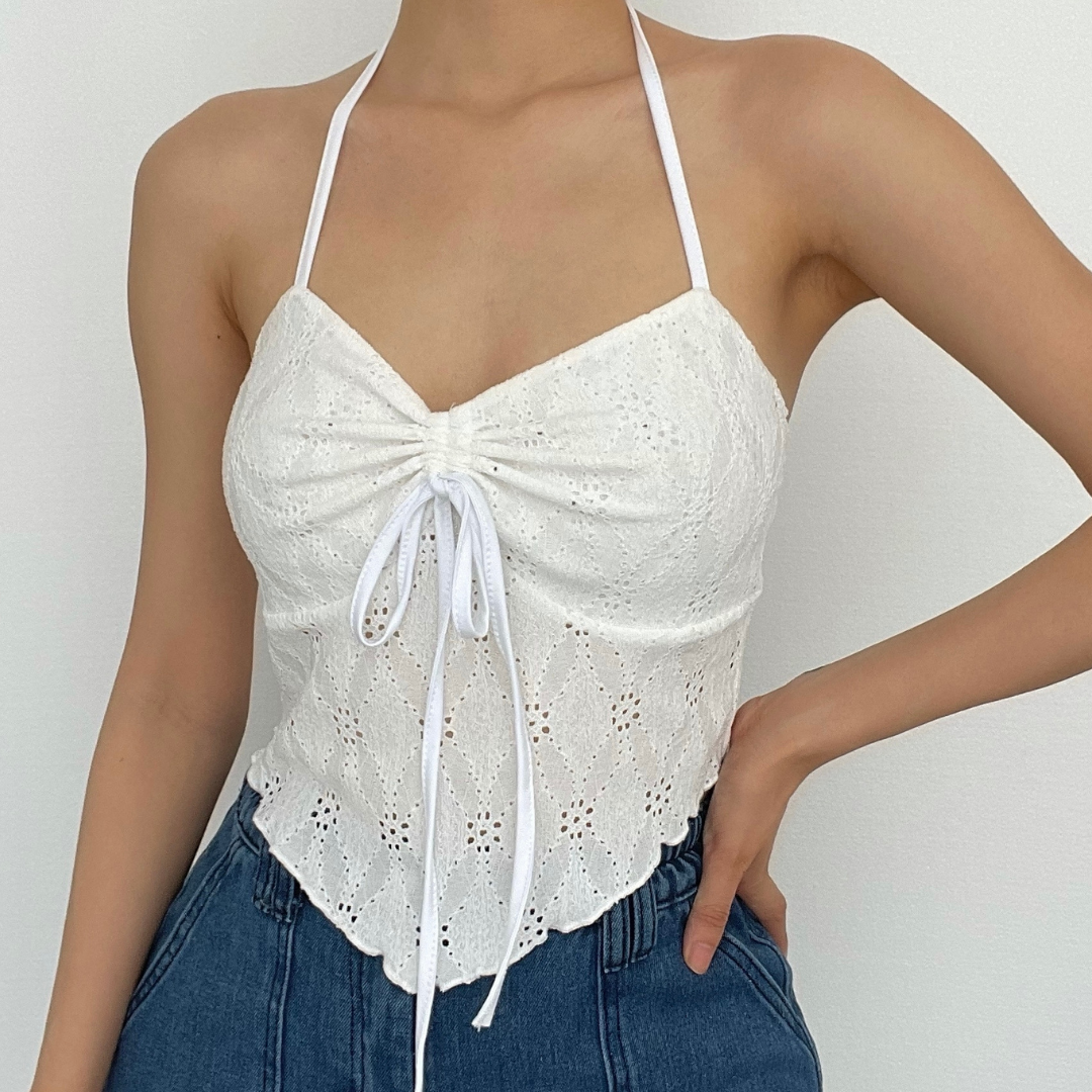 Backless self tie textured halter sleeveless ruffle crop top – image 9