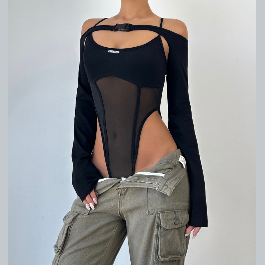 Buckle mesh off shoulder long sleeve solid shrug 2 piece bodysuit – image 3