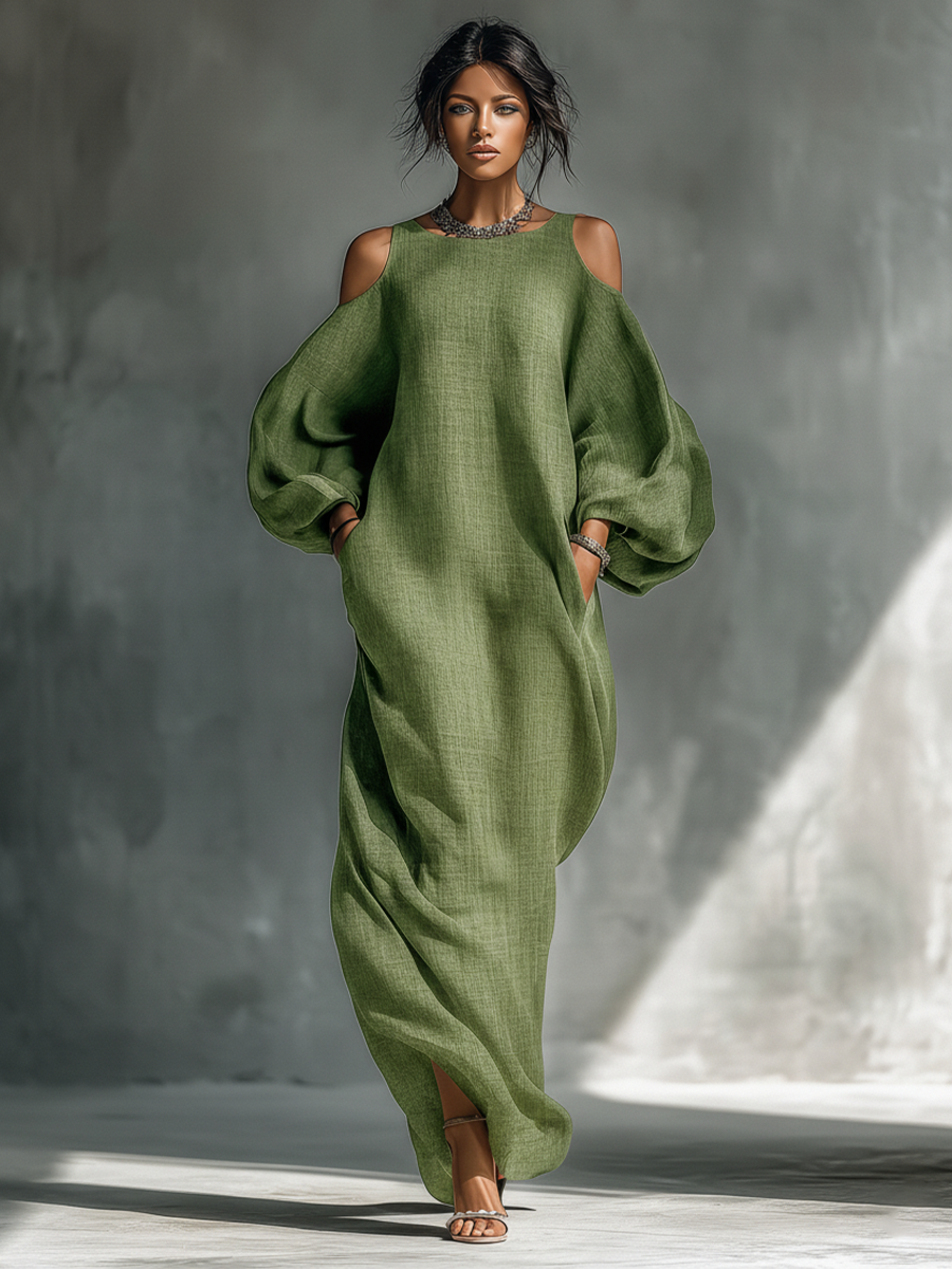 Veronica – Women’s light green off-shoulder maxi dress with oversized puff sleeves and side pockets – image 3