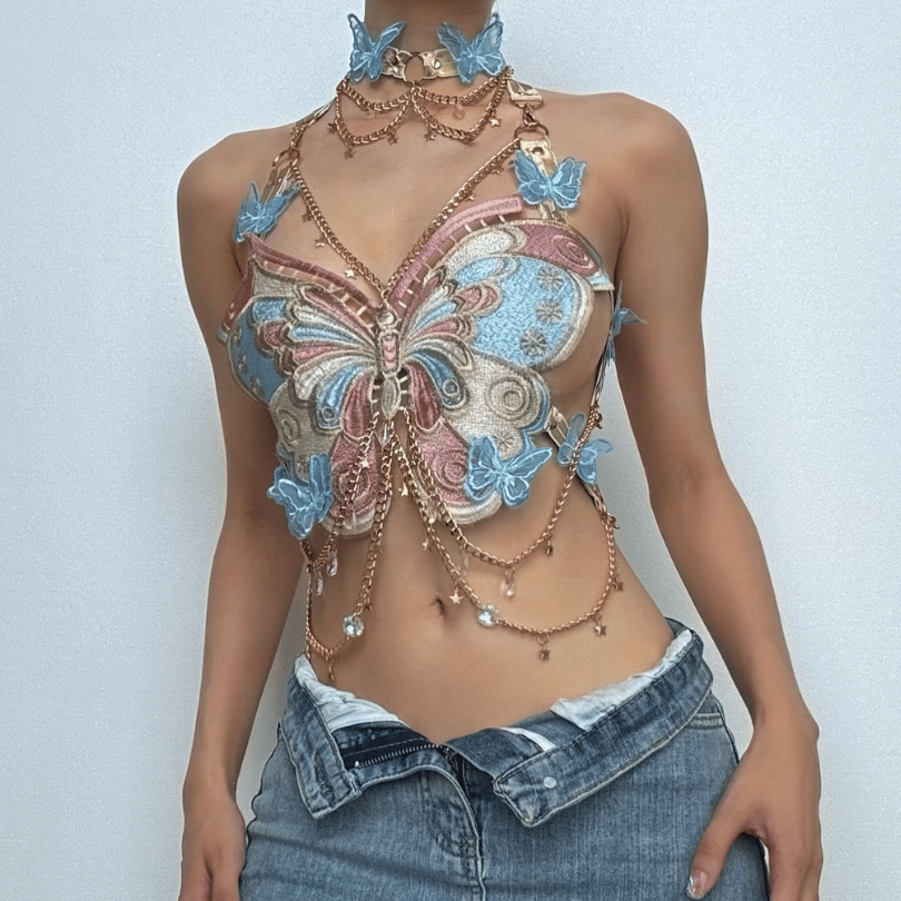 Butterfly embroidery metal chain halter top with choker – image 3