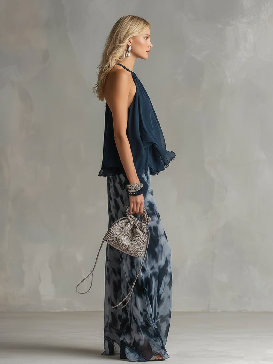 Ludovica – Elegant chiffon set with high-neck top and wide-leg printed trousers – image 3