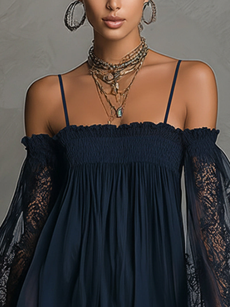 Noemi – Chiffon mini dress with an off-the-shoulder neckline, lace trim, and sheer sleeves – image 5