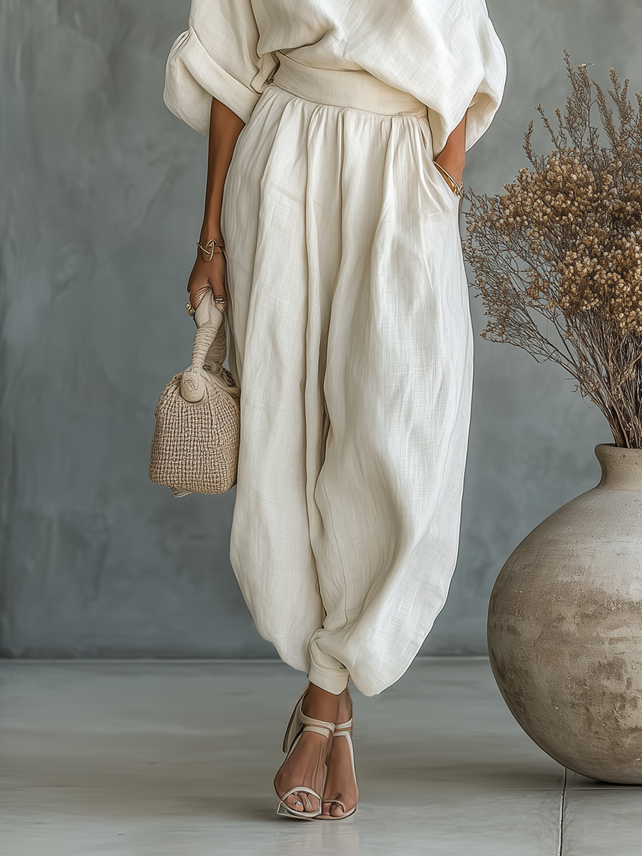 Women's Off-White Linen Set with Off-Shoulder Top and Tapered trousers – image 4