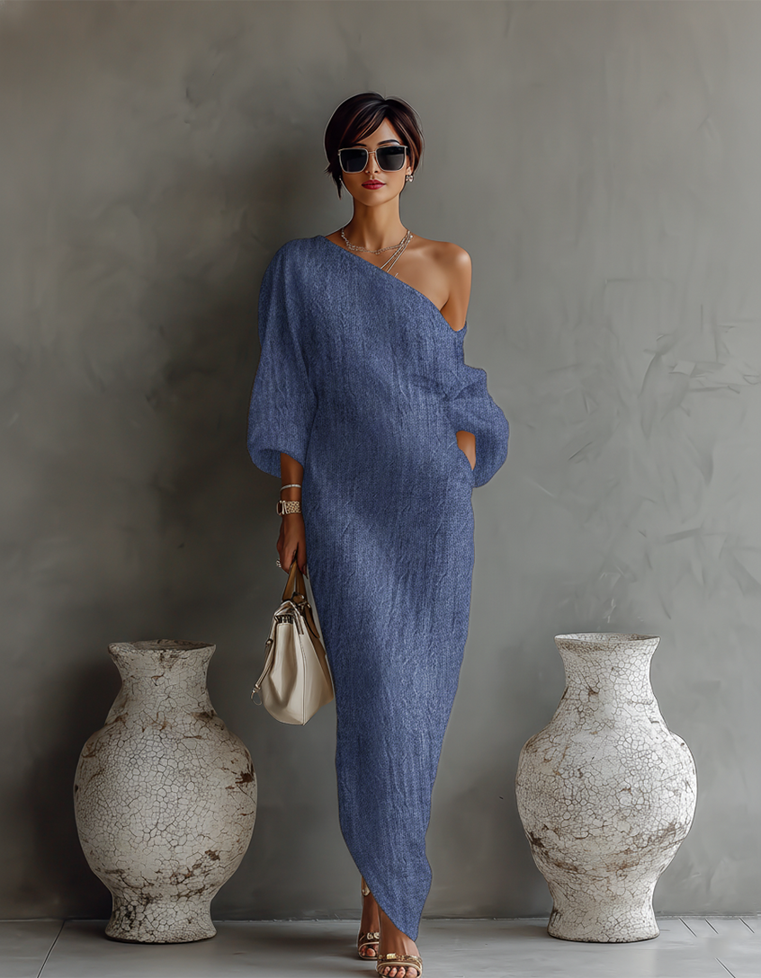 Elegant Flowing Cotton-Linen Dress in Ivory White with One-Shoulder Design – image 3
