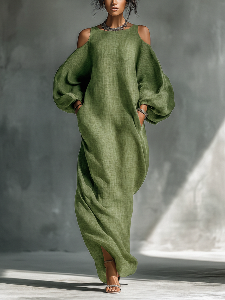Veronica – Women’s light green off-shoulder maxi dress with oversized puff sleeves and side pockets – image 1