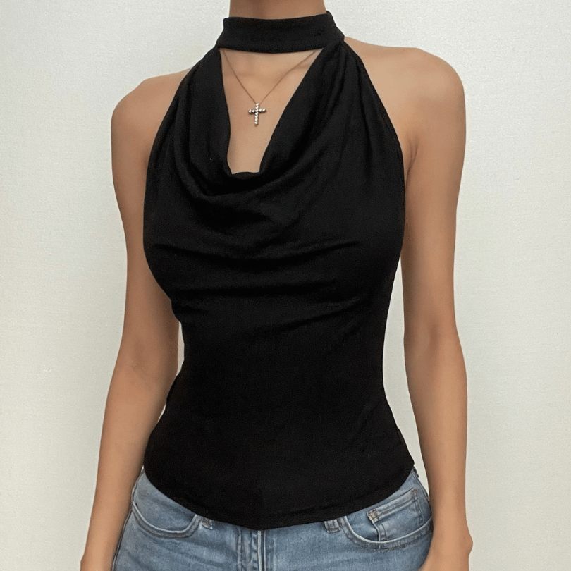 Cowl neck halter solid backless button sleeveless top – image 2