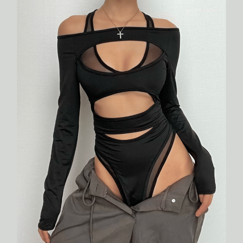 Hollow out solid long sleeve off shoulder mesh bodysuit – image 1