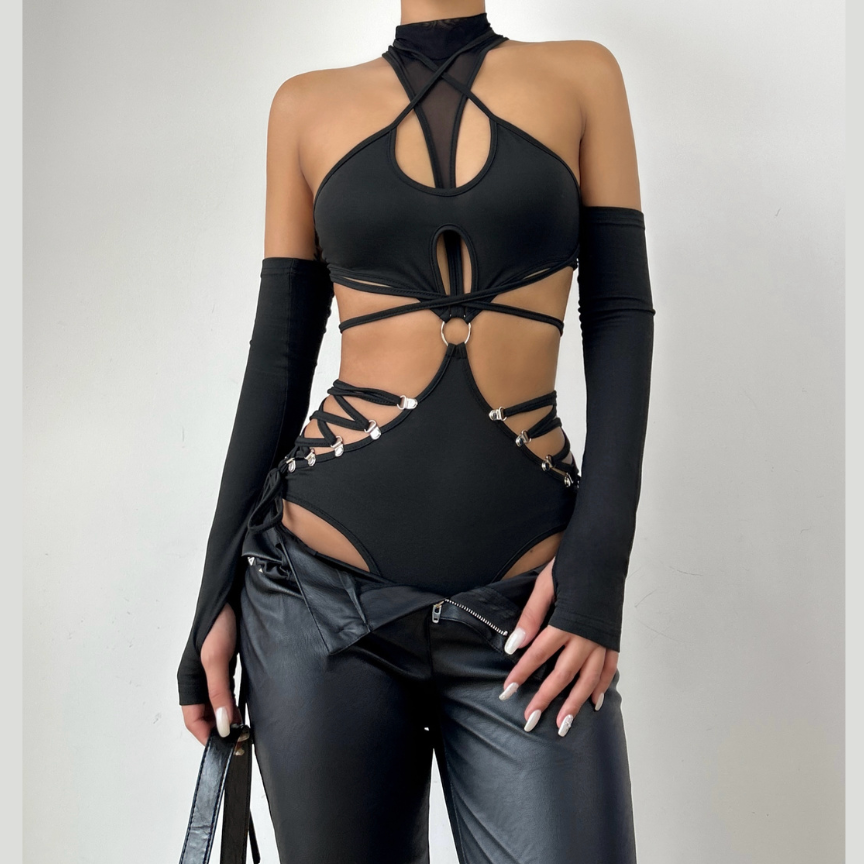High neck o ring hollow out lace up gloves bodysuit – image 3