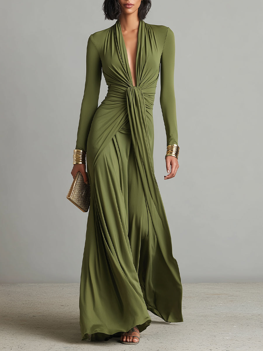 Olive Green Long Elastic Silk Dress with Deep V-Neck and Ruched Details, Glamorous Maxi Dress – image 1