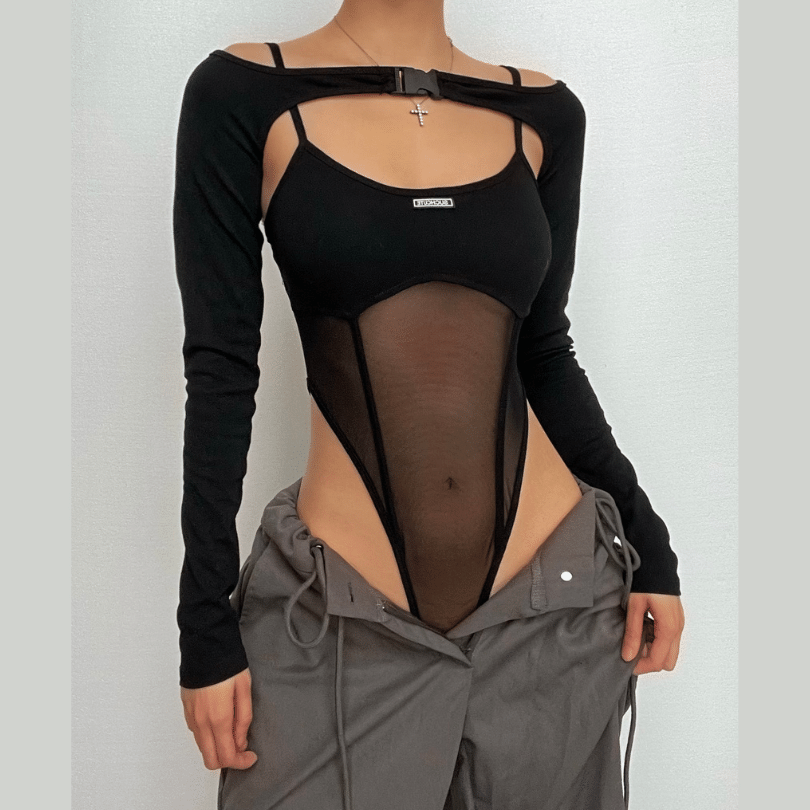 Buckle mesh off shoulder long sleeve solid shrug 2 piece bodysuit – image 2