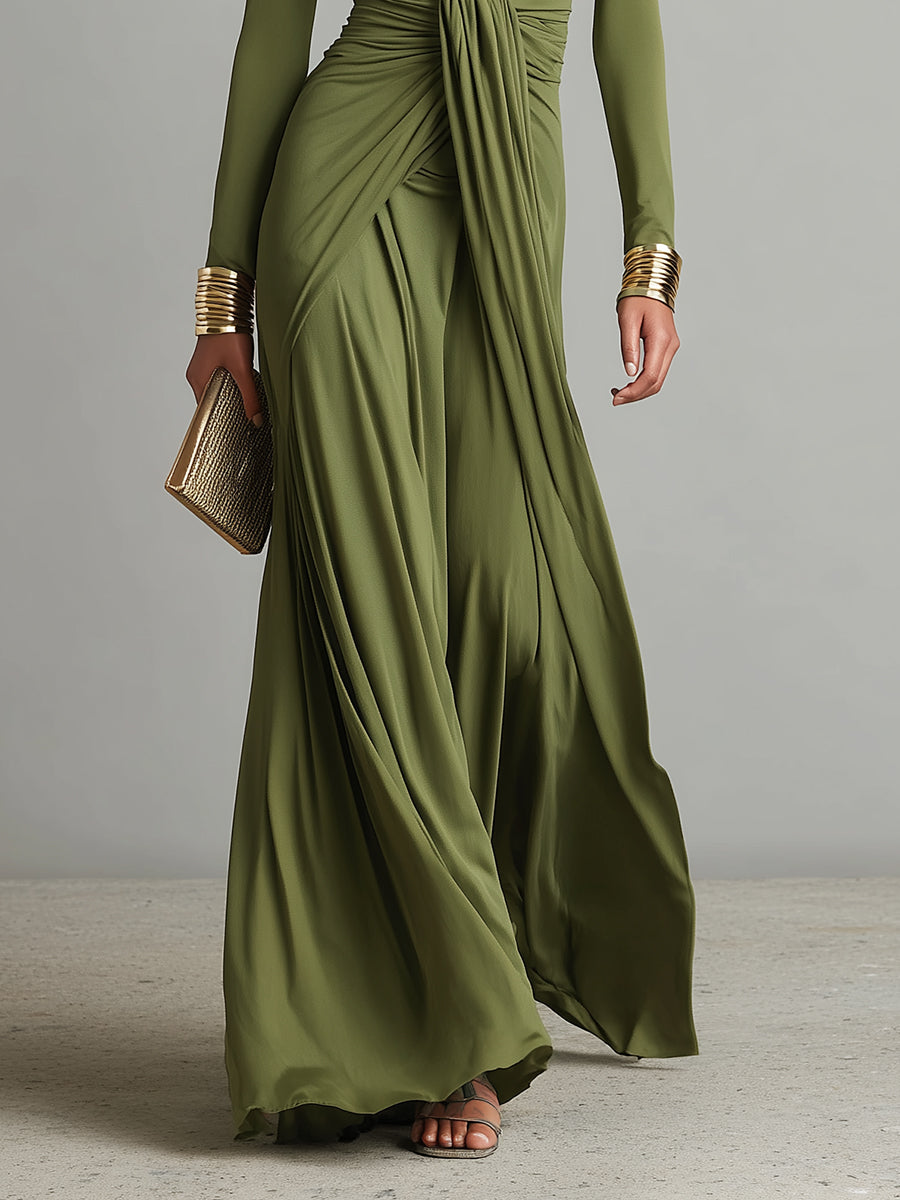 Olive Green Long Elastic Silk Dress with Deep V-Neck and Ruched Details, Glamorous Maxi Dress – image 3