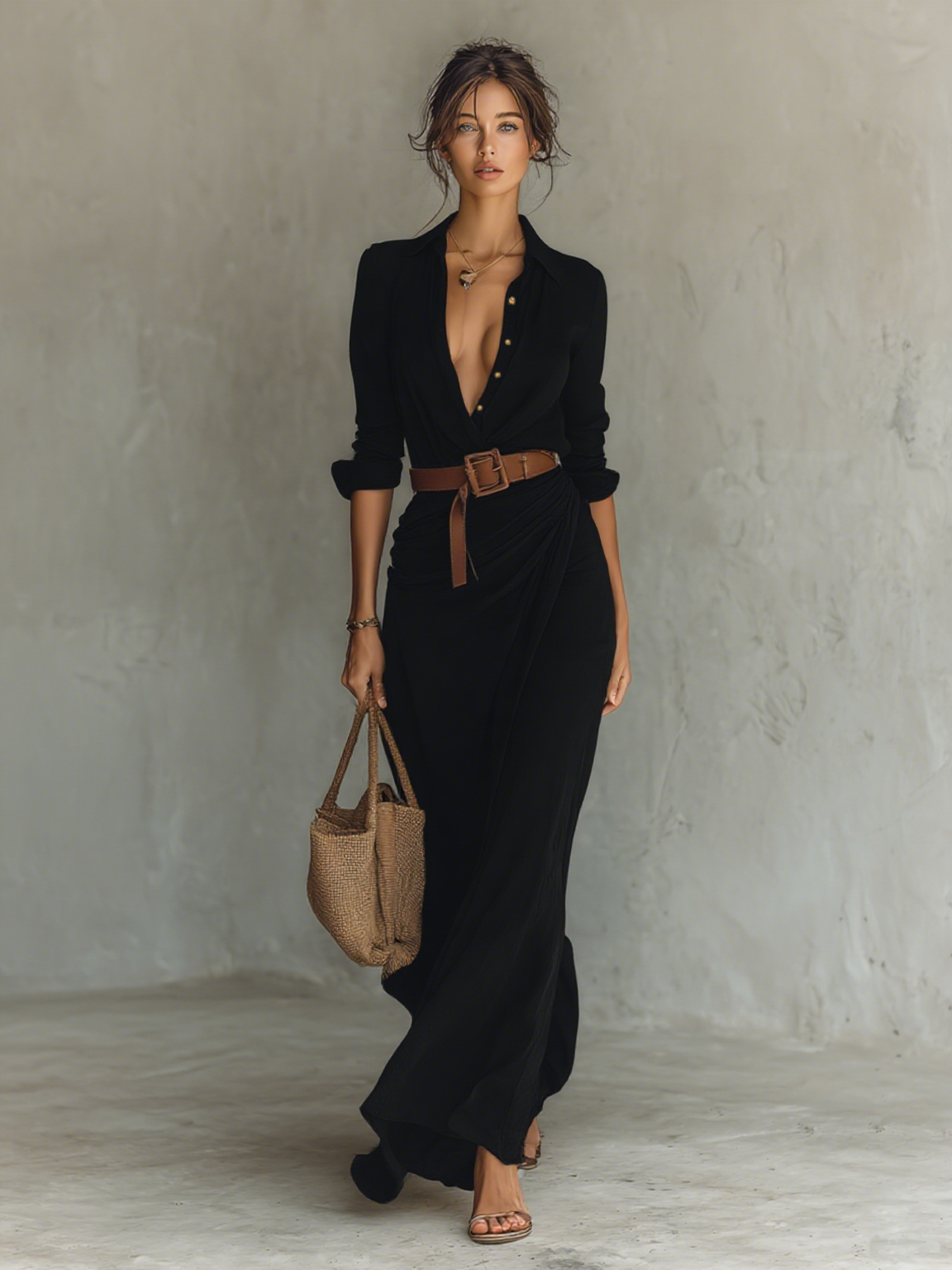 Maxi Long Dress with Lapel Collar and Long Sleeves – image 7