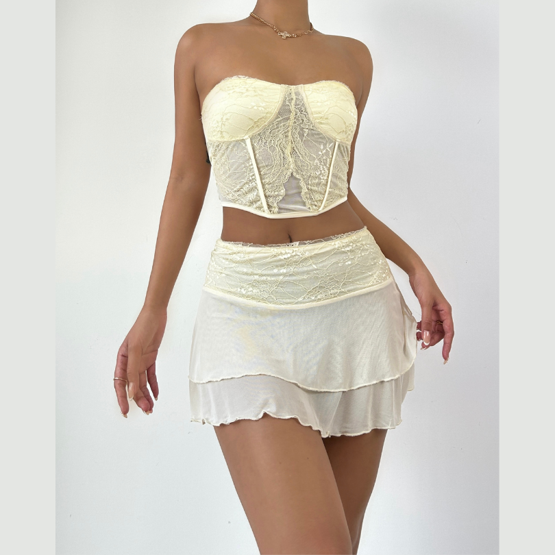 Mesh solid sleeveless backless lace hem tube top skirt set – image 1