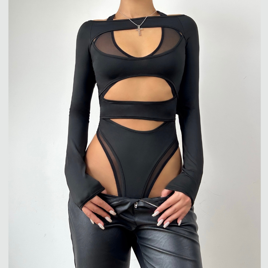 Hollow out solid long sleeve off shoulder mesh bodysuit – image 2