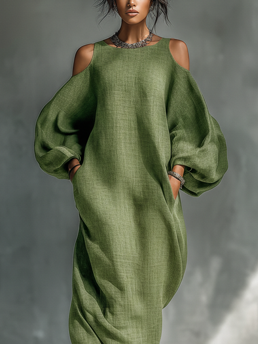 Veronica – Women’s light green off-shoulder maxi dress with oversized puff sleeves and side pockets – image 4