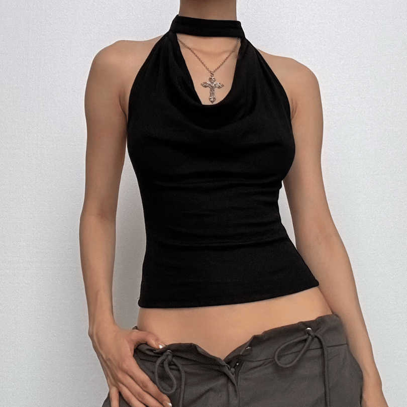 Cowl neck halter solid backless button sleeveless top – image 1