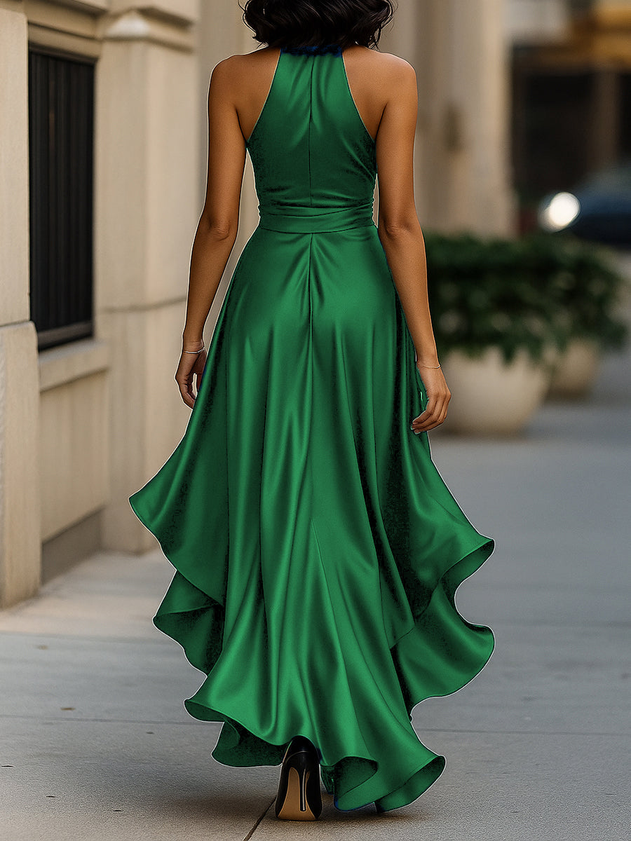 Midnight Elegance Satin Halter Ruffle Gown – image 22