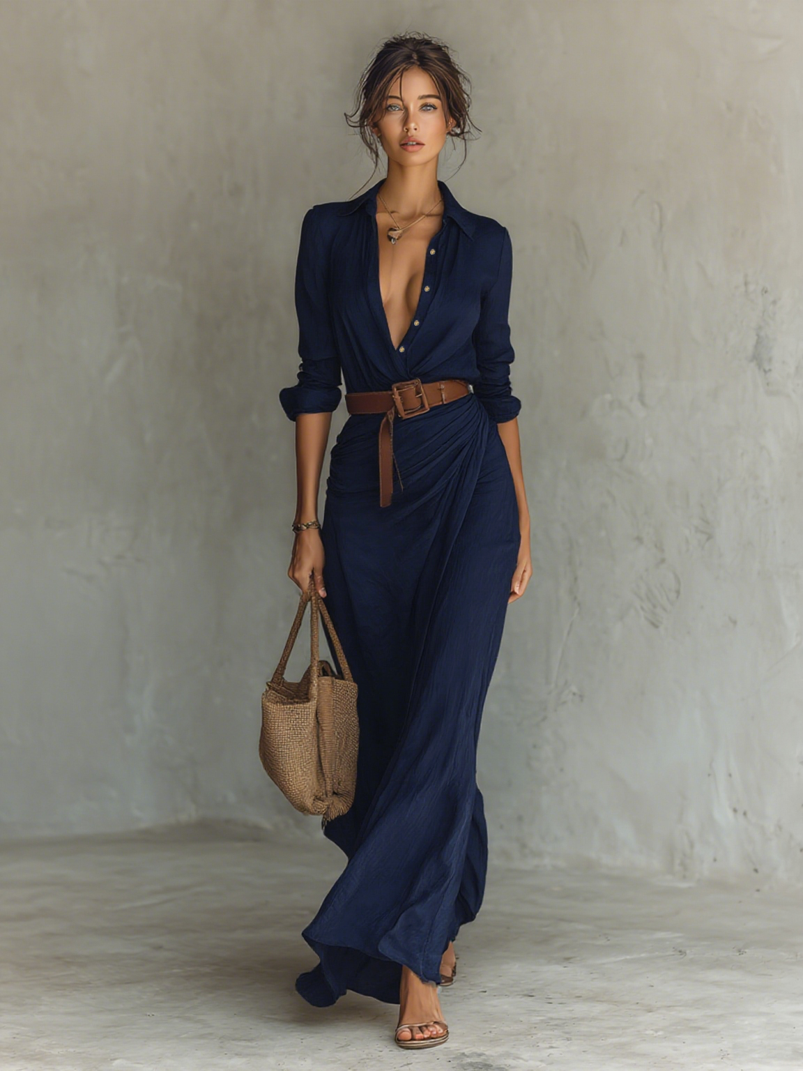 Maxi Long Dress with Lapel Collar and Long Sleeves for Women – image 5