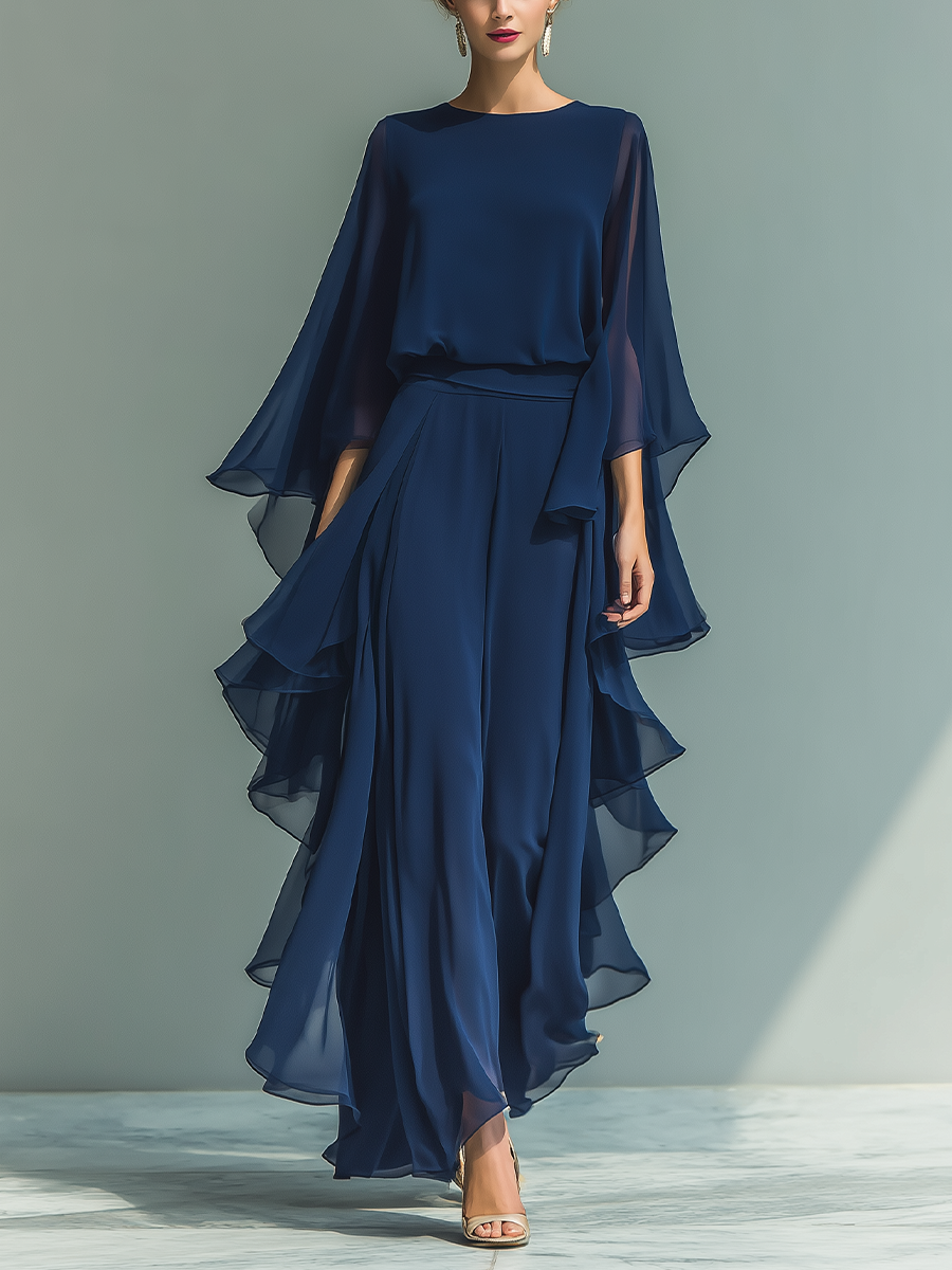 Navy Blue Chiffon Top Set with Flared Sleeves and Straight-Leg trousers with Ruched Details – image 1