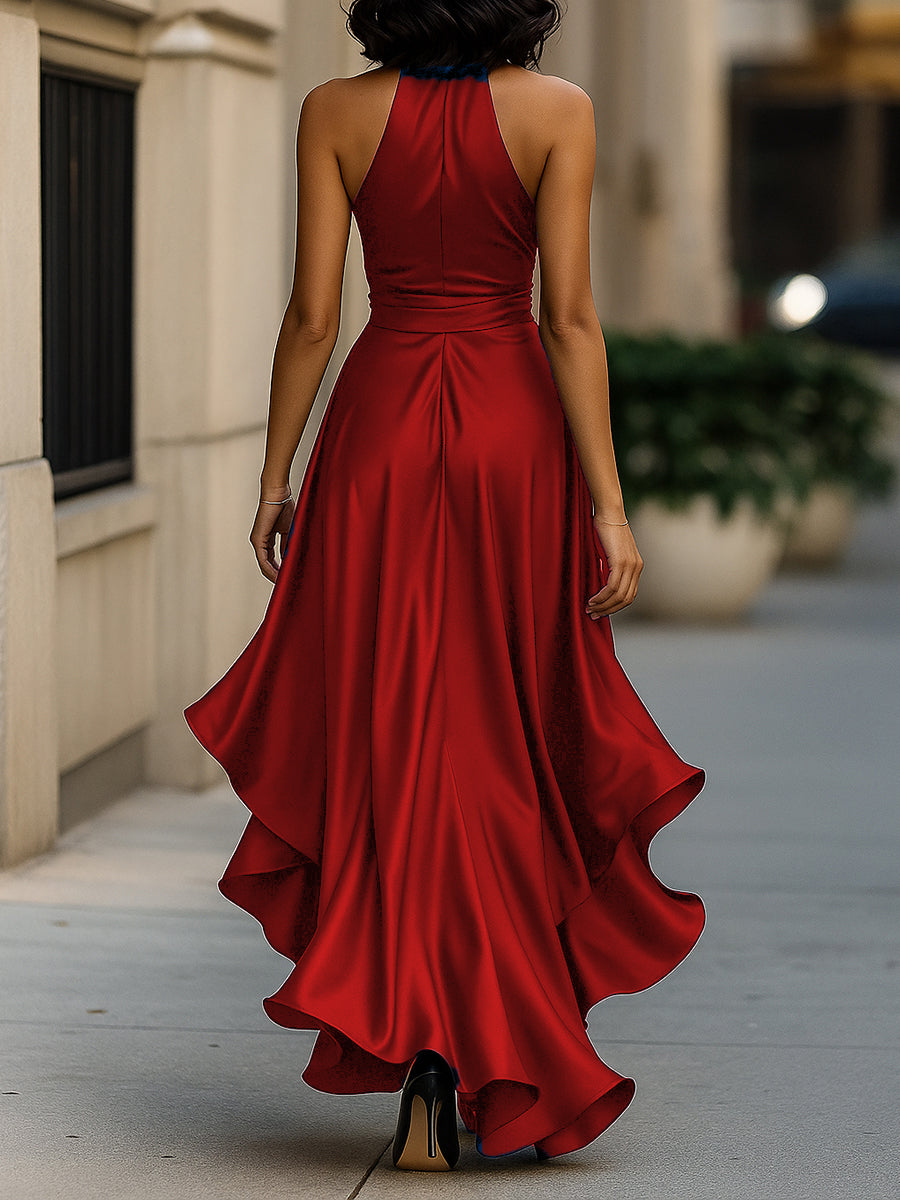 Midnight Elegance Satin Halter Ruffle Gown – image 20