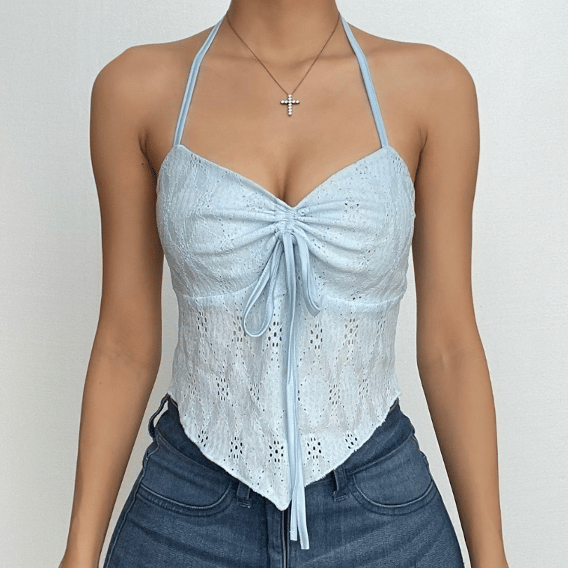 Backless self tie textured halter sleeveless ruffle crop top – image 10