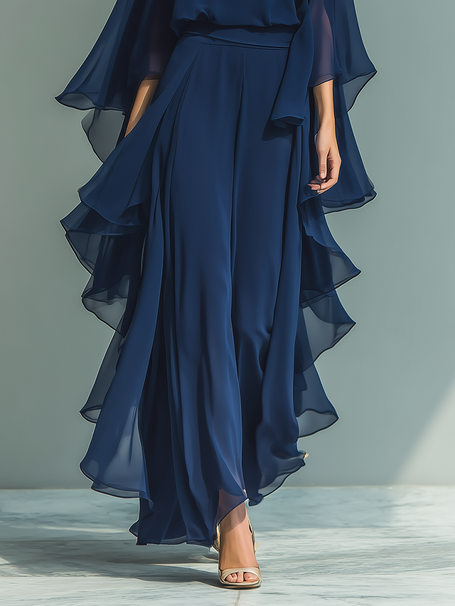 Navy Blue Chiffon Top Set with Flared Sleeves and Straight-Leg trousers with Ruched Details – image 4