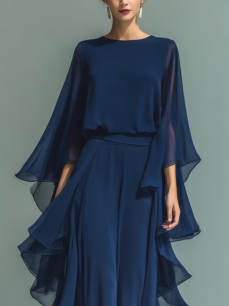 Navy Blue Chiffon Top Set with Flared Sleeves and Straight-Leg trousers with Ruched Details – image 3
